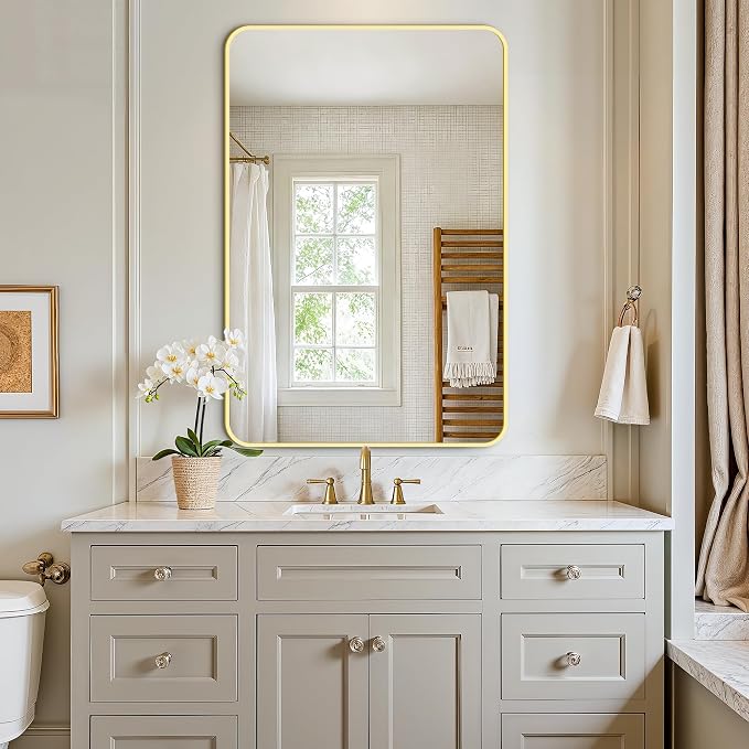 Vanity Bathroom Mirror, 36”x24” Gold Bathroom Mirror for Over Sink | HD Tempered Glass, Anti-Rust Frame, Vertical or Horizontal, Wall Mirrors for Bathroom Sink, Living Room, Entryway, Bedroom