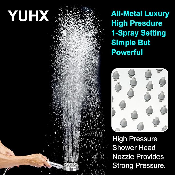 All Metal Shower Head with Handheld; Flexible Long Hose High Pressure Spray | 1 Setting Stainless Steel Shower-Head, Solid Hand Held Showerhead Sprayer Holder with Wide-Angle Adjustment, Premium Chrome