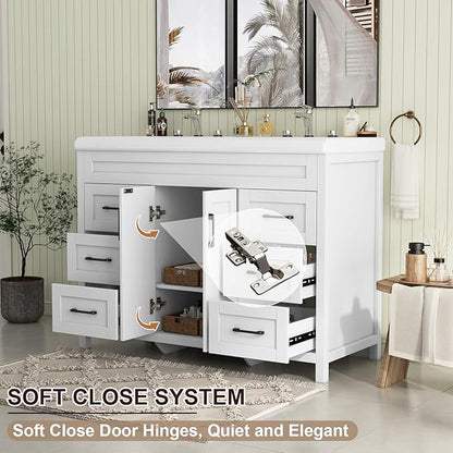 Bathroom Vanity with Double Sink, 48 inch Modern Bathroom Storage Cabinet with Undermount Ceramic Sink, Soft Closing Doors and 6 Drawers, White