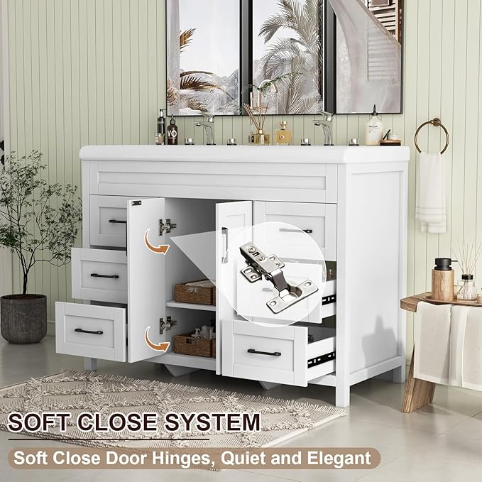 48 inch Bathroom Vanity with Double Sink, Modern Bathroom Storage Cabinet with Undermount Ceramic Sink, Soft Closing Doors and 6 Drawers, White