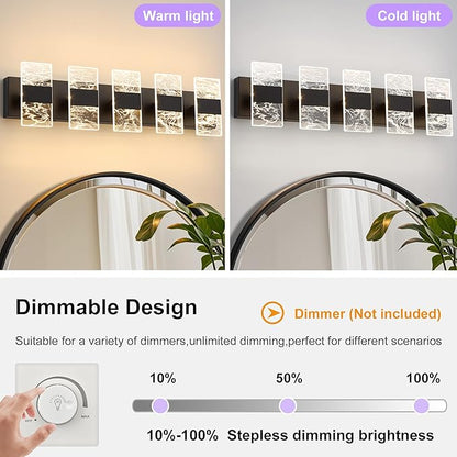 Modern LED Bathroom Light Fixtures Dimmable 5-Light Black Vanity Light,5CCT Adjustable Lighting Fixture Vanity Lights Over Mirror, Smoked Acrylic LED Vanity Lights for Bathroom