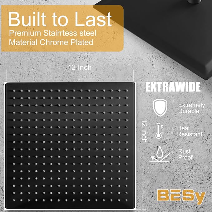 12 Inch Rain Shower Head, 12" Square Rainfall & High Pressure Stainless Steel Bath Showerhead, 1/16" Ultra Thin, Waterfall Full Body Coverage with Silicone Nozzle, Matte Black Finish | Square Rain Bathroom Showerhead, High Flow, Large Stainless Steel, ...