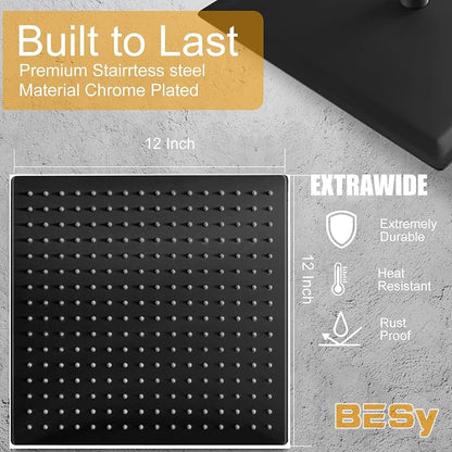 12 Inch Rain Shower Head, 12" Square Rainfall & High Pressure Stainless Steel Bath Showerhead, 1/16" Ultra Thin, Waterfall Full Body Coverage with Silicone Nozzle, Matte Black Finish | Square Rain Bathroom Showerhead, High Flow, Large Stainless Steel, ...