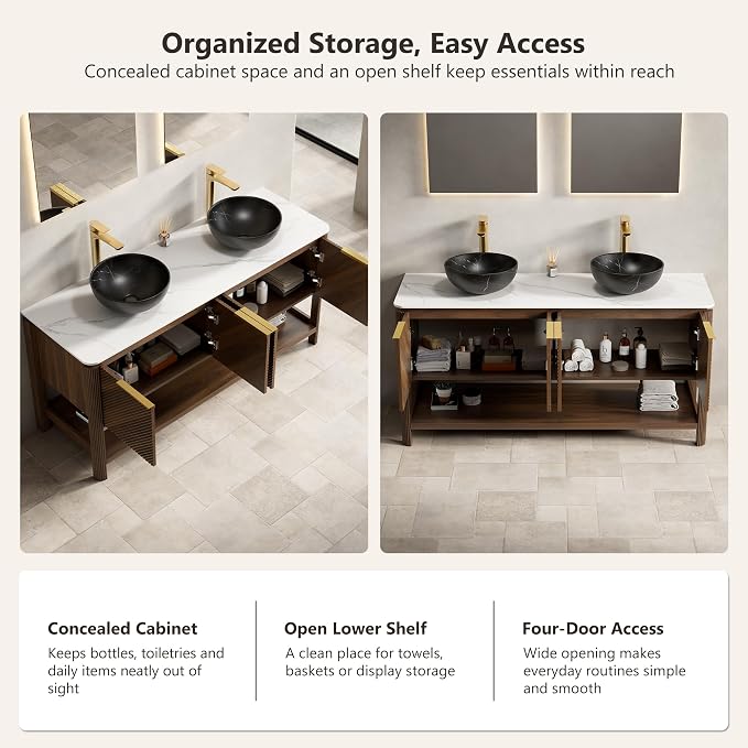 Yayzy 60 Inch Double Sink Bathroom Vanity, Dark Walnut Bathroom Cabinet with Double Black Marble Pattern Vessel Sinks, Carrara White Sintered Stone Countertop, Soft Close Doors, Open Storage Shelf
