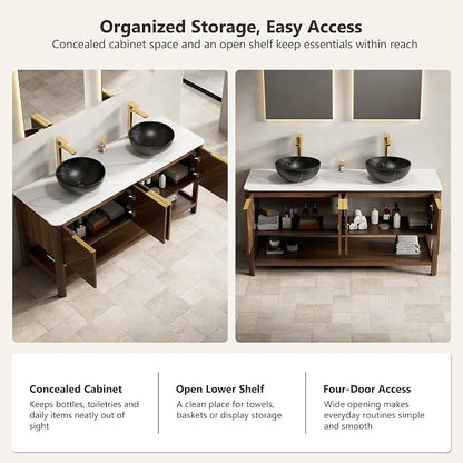 Yayzy 60 Inch Double Sink Bathroom Vanity, Dark Walnut Bathroom Cabinet with Double Black Marble Pattern Vessel Sinks, Carrara White Sintered Stone Countertop, Soft Close Doors, Open Storage Shelf