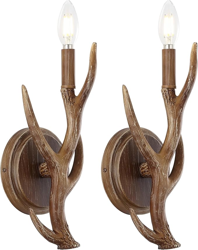 JONATHAN Y 5.5" Brown 1-Light Wood Finish Faux Antler LED Vanity Light Set of 2, Rustic Wall Sconces for Bathroom Mirror Hallway, Southwestern Farmhouse Decor, LED Bulbs Included JYL6307A-SET2