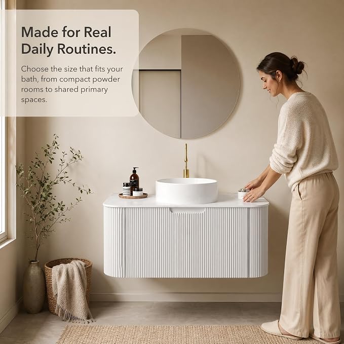 36 Inch Bathroom Vanity with Sink, Floating Wall Mounted Single Sink Vanity, White Curved Fluted Front, Stone Top, Pure White Round Vessel Basin, Pre-Assembled