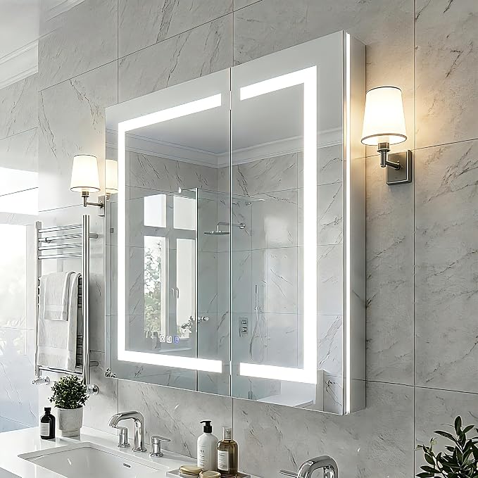 30"x36" Smart LED Medicine Cabinet with Mirror - Double Door Bathroom Storage, Anti-Fog, 3-Color Stepless Dimming, 5X Magnifier, Night Light, Soft-Close Hinges