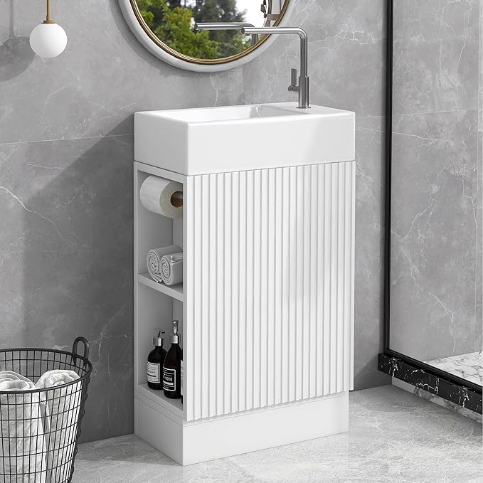 Harper & Bright Designs 18.6" Bathroom Vanity with Sink, Free Standing Single Basin Vanity Set with Storage Cabinet & Two-Tier Shelf, Wooden Cabinet with Ceramic Basin for Bathroom, White