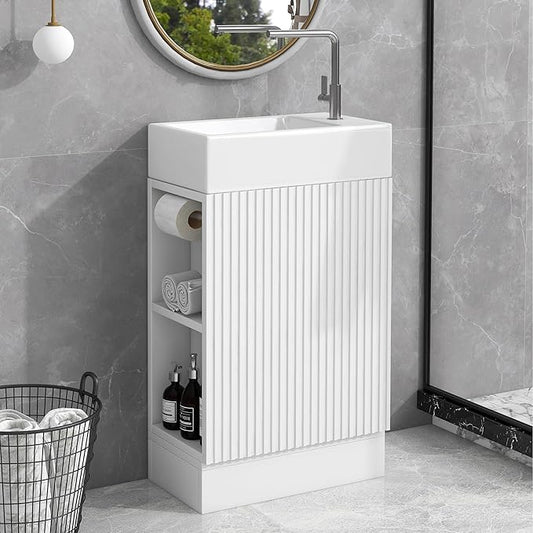 Harper & Bright Designs 18.6" Bathroom Vanity with Sink, Free Standing Single Basin Vanity Set with Storage Cabinet & Two-Tier Shelf, Wooden Cabinet with Ceramic Basin for Bathroom, White