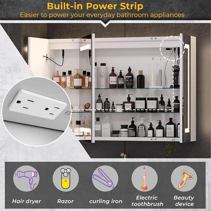 Hasuit Lighted Medicine Cabinet with Mirror, Wall Mounted Bathroom Mirror with Storage, 3 Doors Bathroom Wall Cabinet with LED Lights, 39.4'' x 23.6''