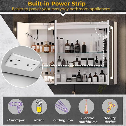 Hasuit Lighted Medicine Cabinet with Mirror, Wall Mounted Bathroom Mirror with Storage, 3 Doors Bathroom Wall Cabinet with LED Lights, 39.4'' x 23.6''