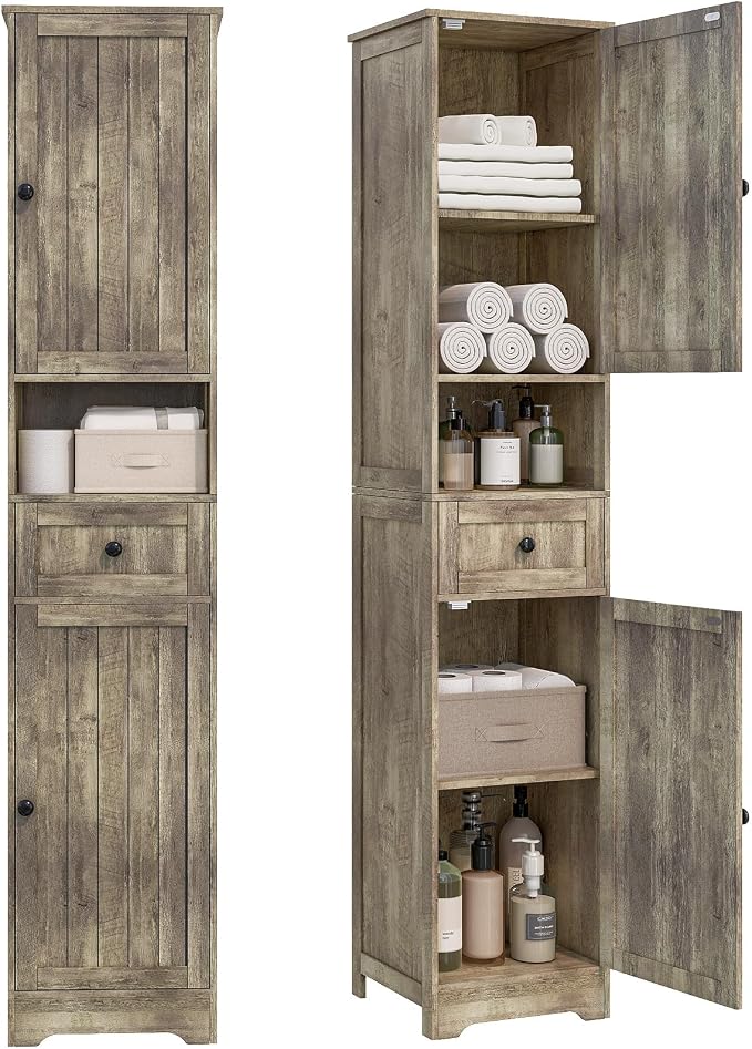 Tall Bathroom Cabinet,Storage Cabinet with 5 Shelves & 1 Drawer, with Adjustable Shelve, for Bathroom, Kitchen, Entryway, Living Room (Gray)