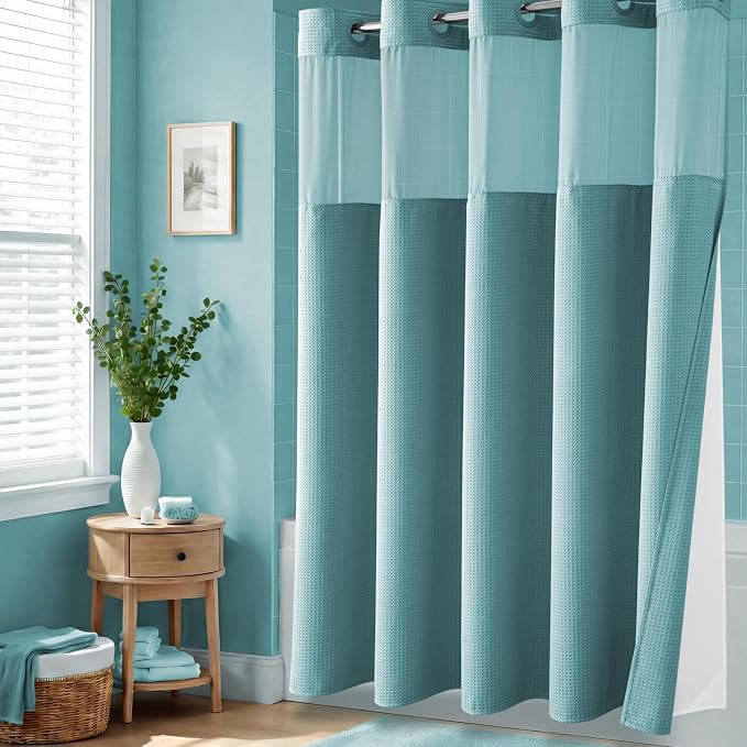 Teal Hook Free Waffle Shower Curtain & Snap-in Fabric Liner,72x75 | Less Time to install, 3 in 1 Fabric Shower Curtain and Liner Set with Magnets, Mesh Top Window, Shower Curtains for Bathroom