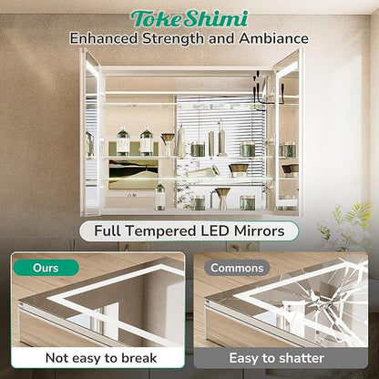 TokeShimi 40x32 Led Medicine Cabinet Mirror for Bathroom with Outlet, Medicine Cabinet with Lights 3 Colors Dimmable and Defogger, Surface or Recessed Mount Mirror with Storage Modern Bathroom