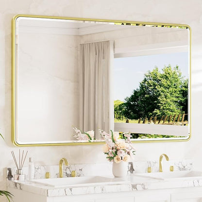 Brushed Gold Framed Bathroom Mirror 60 x 36 Large Beveled Edge Tempered Glass, Rounded Corner Rectangle Bathroom Mirror for Modern Bathroom, Living Room, Bedroom, Entryway