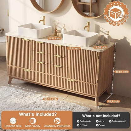 Concho 55'' Fluted Bathroom Vanity with Double Ceramic Sink, Modern Bathroom Sink Storage Cabinet with Wood Marble Top & 4 Spacious Drawers, Freestanding Bathroom Vanity Cabinet, Natural Oak