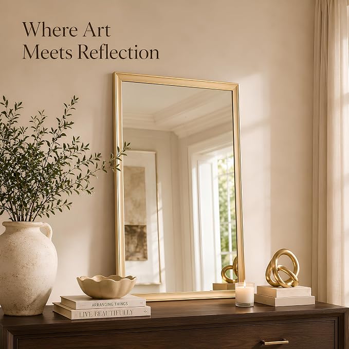 2 Pack 24x36 Inch Brushed Gold Bathroom Mirrors for Over Sink | Curved Aluminum Frame Rectangle Vanity Mirror Set for Double Sink, HD Tempered Glass, Anti-Rust, Horizontal or Vertical