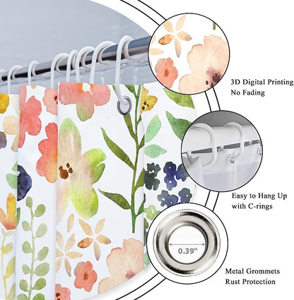 Green Yellow Floral Cute Colorful Kids Girly Bathroom Shower Curtain Set | 72"W x 72"H Botanical Plants; waterproof HD print, quick-dry fabric with 12 hooks for easy hanging.
