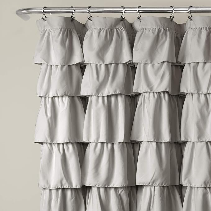 Lush Decor Ruffle Shower Curtain | Floral Textured Vintage Chic Farmhouse Style Design, Light Gray, 72" x 72"
