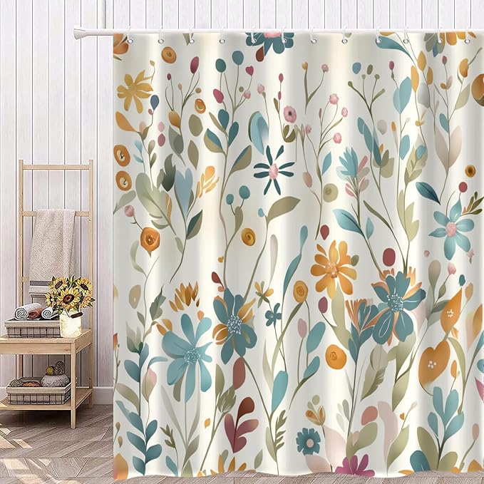 Colorful Floral Extra Long Shower Curtain, Wildflower Plant Leaves Cute Flower Spring Herbs Waterproof Fabric Machine Washable for Bathroom Bathtub with Hooks 72Wx78H