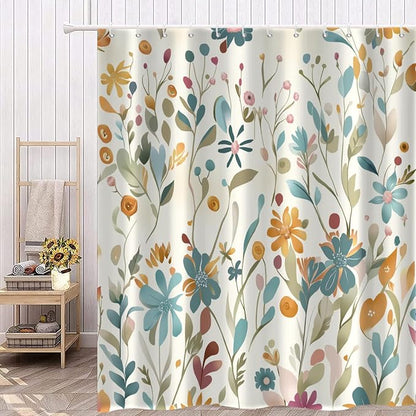 Colorful Floral Extra Long Shower Curtain, Wildflower Plant Leaves Cute Flower Spring Herbs Waterproof Fabric Machine Washable for Bathroom Bathtub with Hooks 72Wx78H