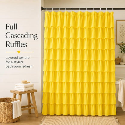 Yellow Shower Curtain for Bathroom, 72 X 72 Inch, Cascading Ruffle Design | Cottagecore & Farmhouse Crossover Style, 72x72, Hooks Included, Machine Washable, Ruffles Hold Their Shape, 12 Buttonholes