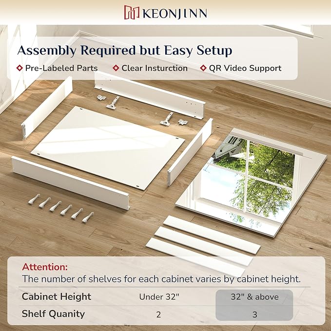 Keonjinn 48" x 32" Large Medicine Cabinet Mirror, Freely Adjustable Shelves | Assembly Required, Aluminum Framework, Tempered Glass, Soft Closing, Recessed or Wall Mount, White Medicine Cabinets