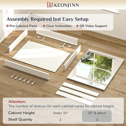 Keonjinn 64" x 32" White Large Medicine Cabinet with Mirror, Tempered Glass | Assembly Required, Lightweight Aluminum Frame, Adjustable Shelves, Surface Mount or Recessed, Clear Reflection, Soft Close
