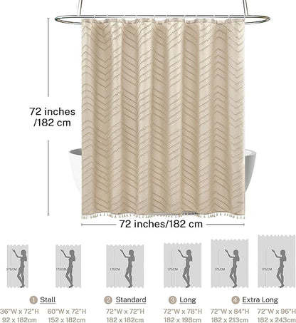 Boho Farmhouse Shower Curtain Woven Fabric Cute Beige Shower Curtain, 72 x 72 Tufted Chevron Textured Striped Modern Farmhouse Minimalist for Bathroom
