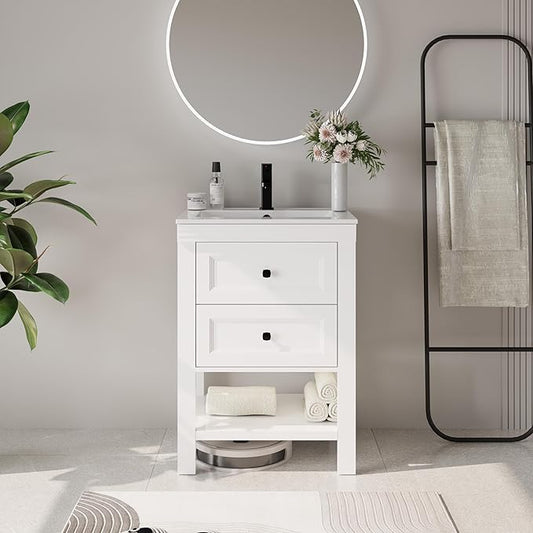 eclife 24" Bathroom Vanity with Sink Combo, Modern Painted Vanities Cabinet with Big Drawers, Opening Bottom Shelf, Raised Foot Pads, Include Undermount White Sink, Faucet & Drain, White