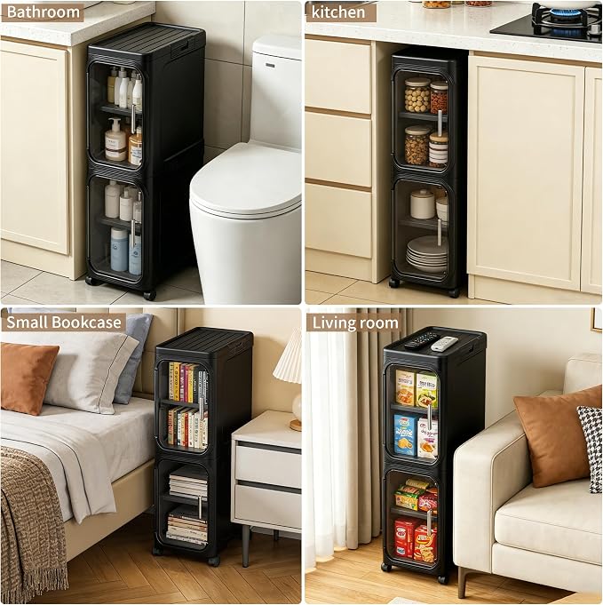 2-Tier Narrow Storage Cabinet Slim Bathroom Skinny Organizer with Wheels | Slim Storage Cabinet with Lockable Rolling Wheels Adjustable Detachable Shelves Snap Assembly for Small Spaces,Black