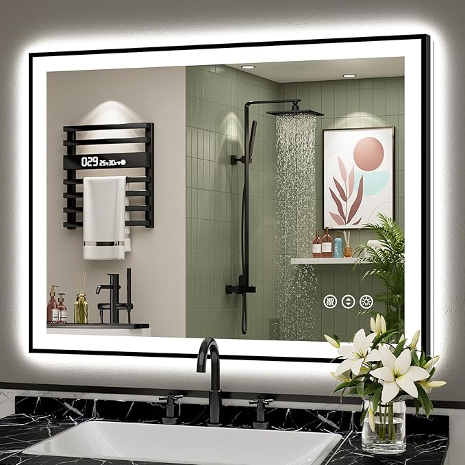 40x32 Black Framed LED Bathroom Mirror with Lights, Backlit and Front Lit Anti-Fog Lighted Vanity Mirrors for Bathroom Wall, Dimmable, 3 Colors, Memory, HD Tempered Glass, Horizontal/Vertical