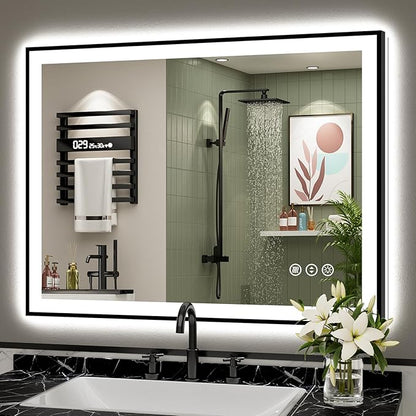 40x32 Black Framed LED Bathroom Mirror with Lights, Backlit and Front Lit Anti-Fog Lighted Vanity Mirrors for Bathroom Wall, Dimmable, 3 Colors, Memory, HD Tempered Glass, Horizontal/Vertical