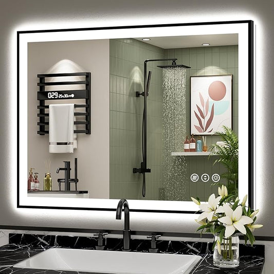 40x32 Black Framed LED Bathroom Mirror with Lights, Backlit and Front Lit Anti-Fog Lighted Vanity Mirrors for Bathroom Wall, Dimmable, 3 Colors, Memory, HD Tempered Glass, Horizontal/Vertical