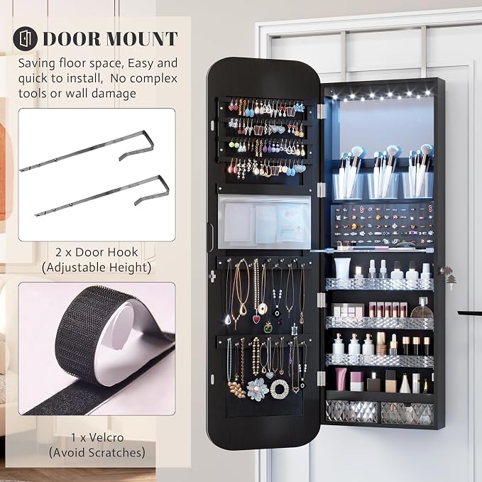 Vlsrka 47.2" Wall/Door Mounted Jewelry Cabinet Organizer Armoire W/Mirror | 6 LEDs, Over The Door Hanging Jewelry Organizer with Rounded Corner Mirror, Lockable Full Length Mirror with Storage, Black