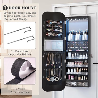 Vlsrka 47.2" Wall/Door Mounted Jewelry Cabinet Organizer Armoire W/Mirror | 6 LEDs, Over The Door Hanging Jewelry Organizer with Rounded Corner Mirror, Lockable Full Length Mirror with Storage, Black