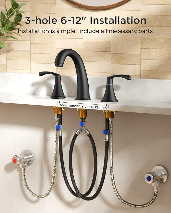 FORIOUS Black Bathroom Faucet 3 Hole, Widespread Bathroom Sink Faucet 8 Inch with Pop Up Drain and CUPC Supply Hose, 2 Handle for Vanity Rv Commercial Lavatory Restroom