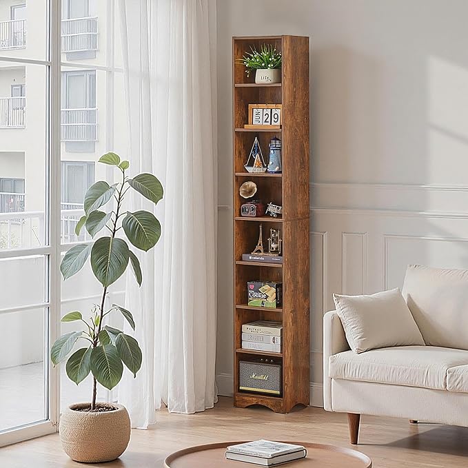 VECELO Tall Open Narrow Bookshelf, 6 Adjustable Movable Shelves, Wood Space Saving Corner Storage Rack for Small Spaces, Retro Brown
