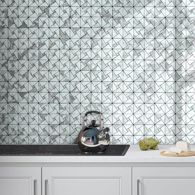 DICOFUN White Marble Look Peel and Stick Backsplash Tile, Mixed Glass Self-Adhesive Mosaic Tiles, Stainless Steel Stick on Wall Tiles for Kitchen and Bathroom Backspalsh, Mirror Décor, 10