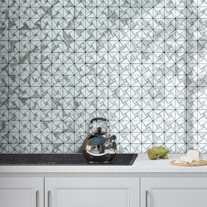 DICOFUN 1 Sheet White Marble Look Peel and Stick Backsplash Tile, Mixed Glass Self-Adhesive Mosaic Tiles, Stainless Steel Stick on Wall Tiles for Kitchen and Bathroom Backspalsh, Mirror Decor