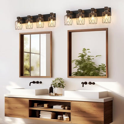 4-Light Black Gold Farmhouse Vanity Light, Wood & Metal Cage Shade | Mounted Over Mirror, Industrial Rustic Style, Ideal for Bathroom, Bedroom, Hallway & Living Room, Easy To Install