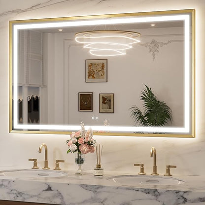 Keonjinn 60x36 Inch Gold LED Bathroom Mirror with Lights, HD Tempered Glass | Frontlit & Backlit, Large Lighted Bathroom Mirror, Beveled Edge, 3 Color Temperatures, Anti-fog, Stepless Dimmable