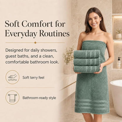 Velqora Bath Towels, 4 Pack, 30x60 in, 100% Cotton, Soft, Sage Green | Absorbent Terry | Balanced Weight | Easy Care