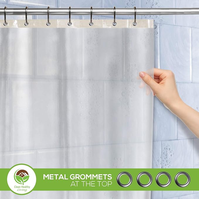 Clean Healthy Living PEVA Shower Curtain Liner, Frost, 96 x 71 in, Premium | Premium PEVA shower liner, Frost, 96 x 71 in; magnets and suction cups help reduce shifting along the tub or shower.