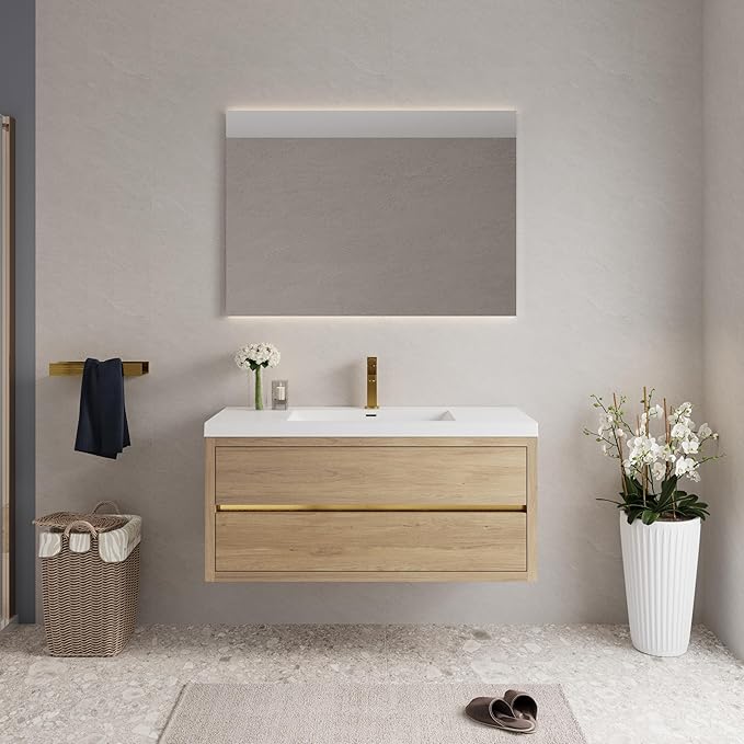 Abruzzo 48" Natural Oak Wall-Mounted Bathroom Vanity with Sink Stone Resin Countertop & Soft-Close Drawers, Waterproof Wood Cabinet for Small Bathrooms