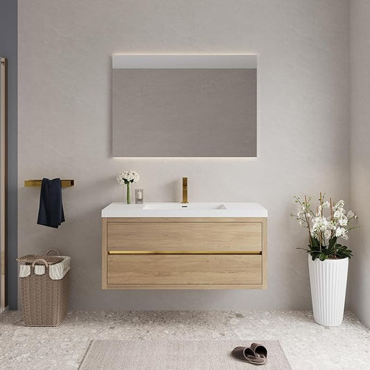Abruzzo 48" Natural Oak Wall-Mounted Bathroom Vanity with Sink Stone Resin Countertop & Soft-Close Drawers, Waterproof Wood Cabinet for Small Bathrooms