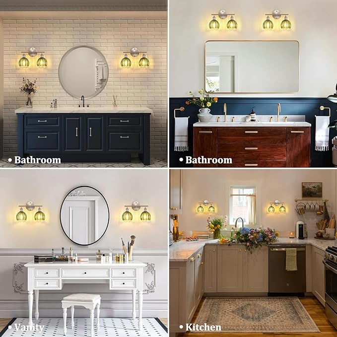 Bathroom Light Fixtures, 2-Light Vanity wall Light Over Mirror with Green Tulip Glass Shade for Bedroom Living Room (Bulb Not Included), Satin Nickel