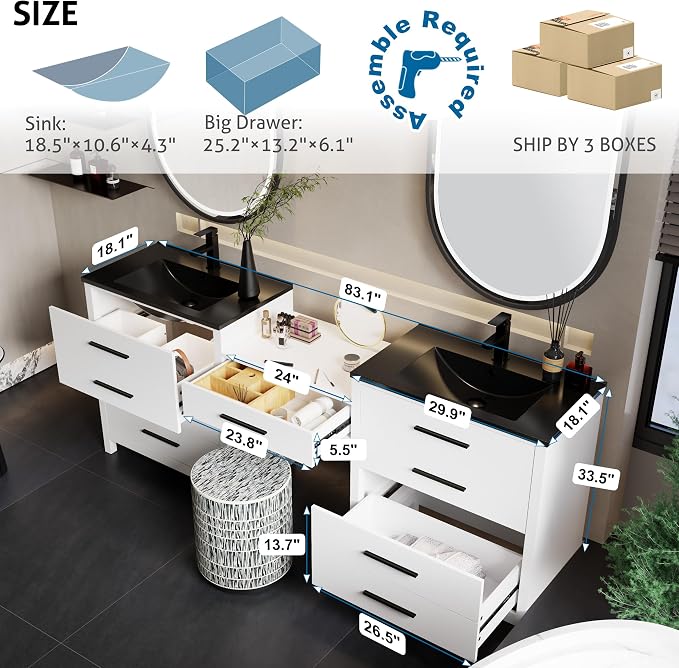 eclife 84" Bathroom Vanity Sink Combo, Modern Painted Vanities Storage Cabinet with 24" Mid Makeup Vanity Desk, 30" Dual Black Basins, Faucets & Drains, White
