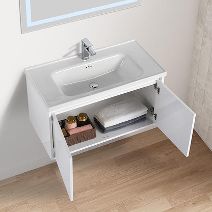 Blossom 36 Inch Wall Mounted Bathroom Vanity with Sink | Floating Wood Vanity Cabinet | Modern Soft-Close Doors & Storage | Ceramic Basin | Space-Saving Design (Glossy White, 36'' Ceramic Sink)